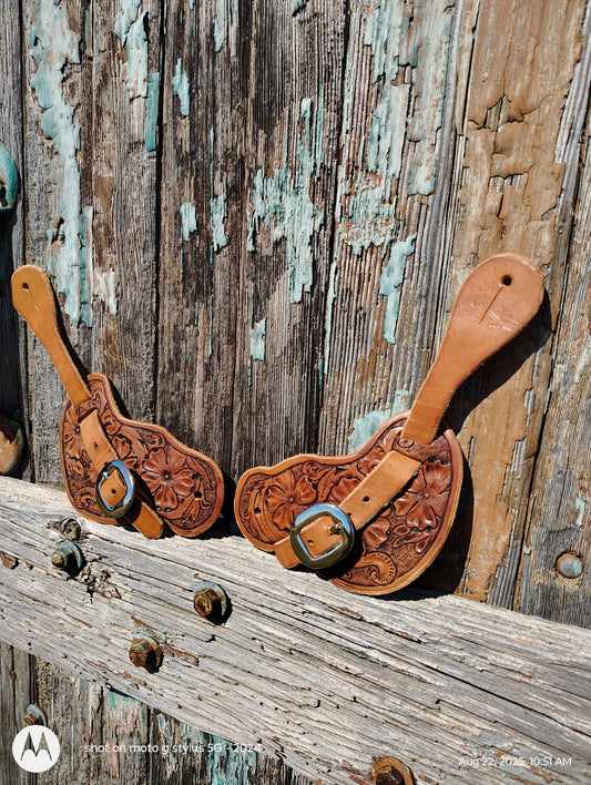 Floral tooled spur leather women/youth size